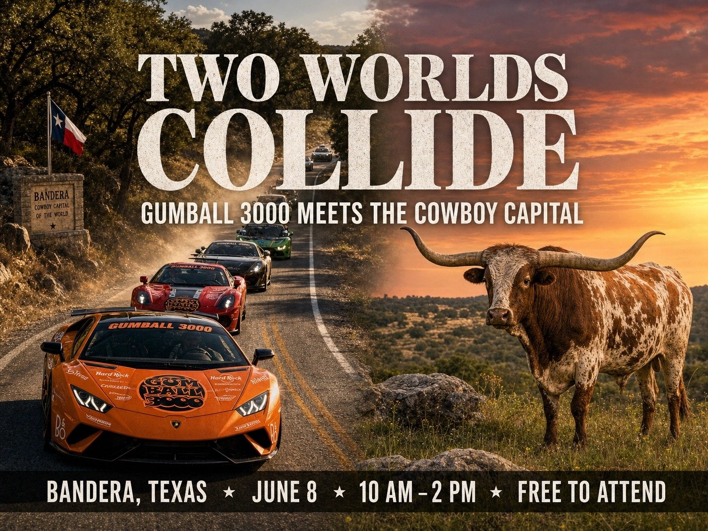 Two Worlds Collide — Gumball 3000 meets the Cowboy Capital. Bandera, Texas. June 8. 10 AM–2 PM. Free to attend.